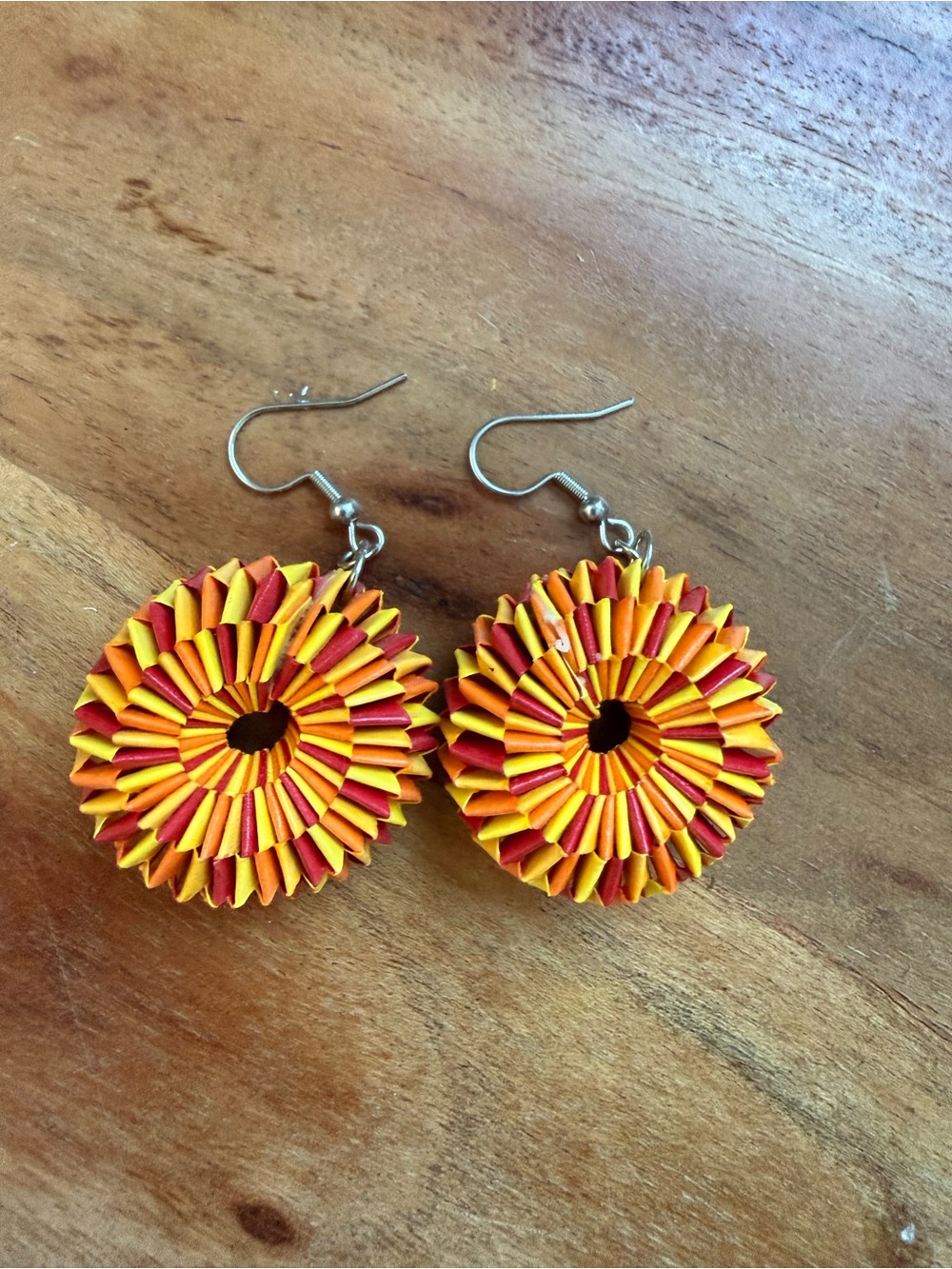 Handmade Origami Paper Rosette Dangle Earrings Orange Red Yellow